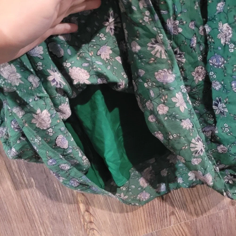 J Jill Lightweight Boho Dress Size M Green Mixed Floral Ruffle V-Neck 3/4 Sleeve